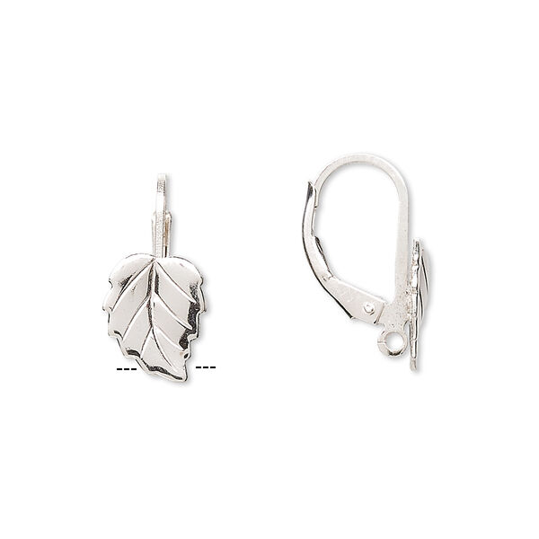 Ear wire, sterling silver, 17mm leverback with 10x8mm left- and right-facing leaf and hidden open loop. Sold per pair. image number 0