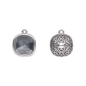Drop, Almost Instant Jewelry®, antiqued sterling silver, 12mm rounded square with 10mm cushion setting and heart and swirl back design. Sold individually.