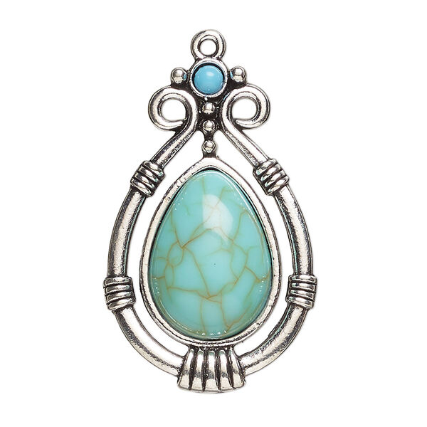 Focal, antique silver-finished "pewter" (zinc-based alloy) and "turquoise" (resin) (imitation), turquoise blue, 35x22mm single-sided teardrop. Sold per pkg of 2. image number 0