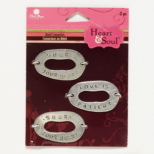 Focal, antique silver-finished "pewter" (zinc-based alloy), 35x21mm open freeform oval with (2) "SHARE YOUR HEART" and (1) "LOVE IS PATIENT." Sold per pkg of 3. image number 0