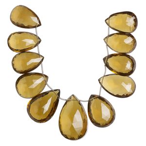 Golden quartz 1pkg11, hand-cut top-drilled faceted puffed teardrop bead graduated 32x20mm-45x29mm