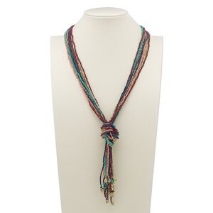 Necklace, 11-strand, glass and gold-finished steel, multicolored, 32 inches with knot. Sold individually.
