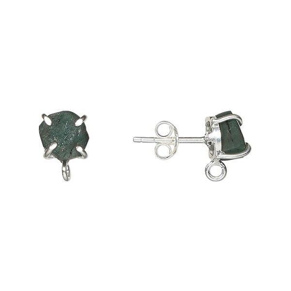 Ear stud, sterling silver and emerald (oiled), 5-7mm rough nugget with closed loop. Sold per pair. image number 0