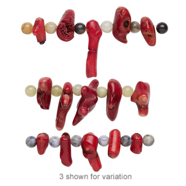 Bead mix, bamboo coral and multi-gemstone (natural / dyed / heated / irradiated), multicolored, 6mm round and 11x6mm-30x16mm branch, C- grade, Mohs hardness 3-1/2 to 7. Sold per pkg of 11. image number 0