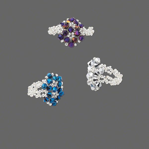 Ring mix, stretch, glass, mixed colors, dome, size 7-9. Sold per pkg of 3. image number 0