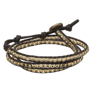 Bracelet, wrap, leather (dyed) / glass / antiqued brass-finished steel, dark brown and yellow, 6mm wide, adjustable from 6-7 inches with button clasp. Sold individually.