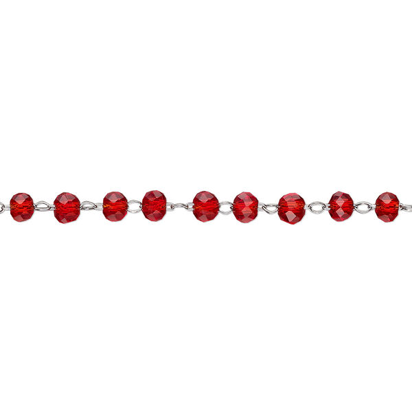 Chain, glass and stainless steel, red, 3.5mm faceted rondelle. Sold per pkg of 1 yard. image number 0
