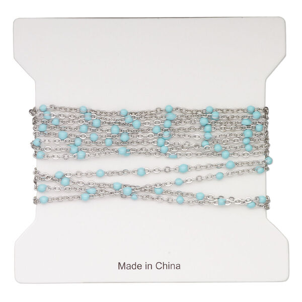 Chain, stainless steel and enamel, turquoise, 1.7mm flat cable with 2mm ball. Sold per pkg of 5 feet. image number 0