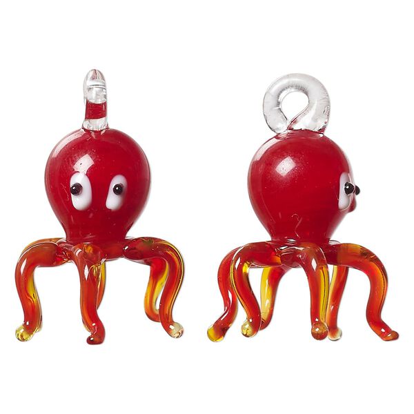 Drop, lampworked glass, red / white / black, 23x18mm 3D octopus. Sold individually. image number 0