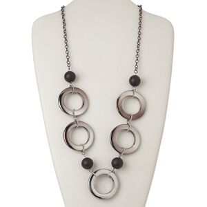 Necklace, acrylic / silver-coated plastic / silver- and gunmetal-finished steel, black, 45mm round donut, 28-inch continuous loop. Sold individually.