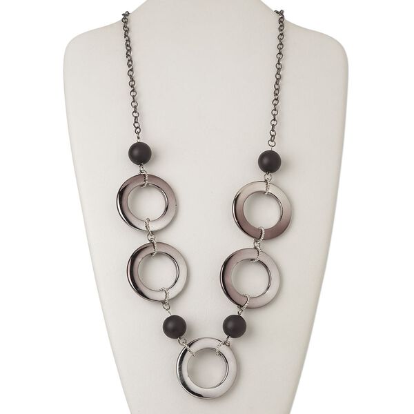 Necklace, acrylic / silver-coated plastic / silver- and gunmetal-finished steel, black, 45mm round donut, 28-inch continuous loop. Sold individually. image number 0