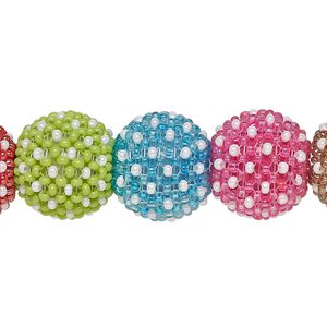 Bead, glass, opaque multicolored, 13mm round with dot design. Sold per pkg of 12.