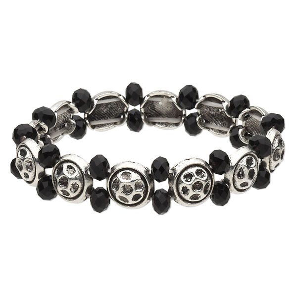 Bracelet, stretch, glass and antique silver-finished "pewter" (zinc-based alloy), black, 13.5mm wide with 6x4mm faceted rondelle and 11mm flat round, 6 inches. Sold individually. image number 0