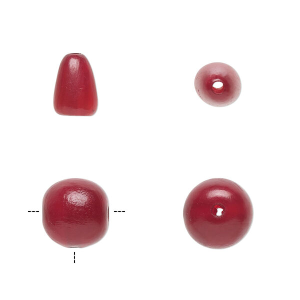 Bead, horn (dyed), red, 9mm T-drilled round and 9x7mm cone. Sold per 2-piece set. image number 0