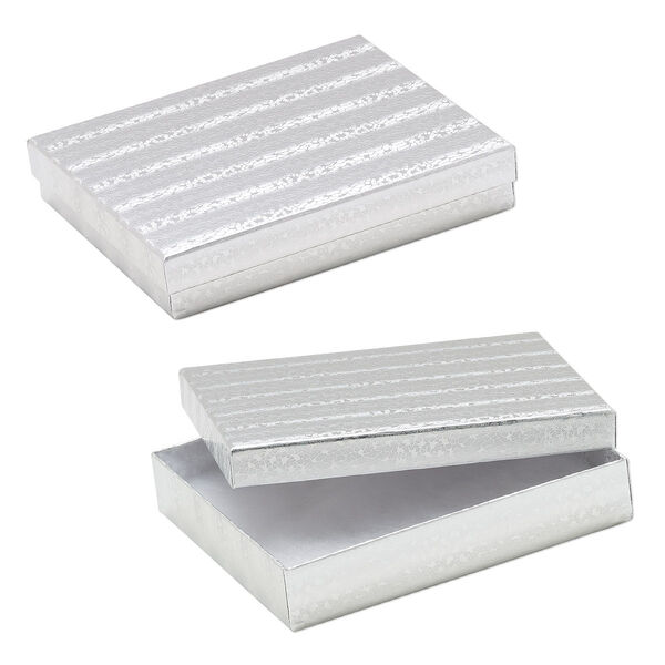 Box, paper, "cotton"-filled, silver, 6-1/8 x 5-1/8 x 1-1/8 inch rectangle. Sold per pkg of 10. image number 0