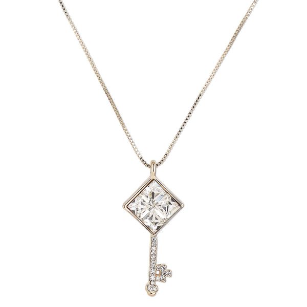 Necklace, Czech glass / Czech glass rhinestone / gold-finished steel / brass / "pewter" (zinc-based alloy), clear, 32x17mm key, 17 inches with 2-inch extender chain and lobster claw clasp. Sold individually. image number 0