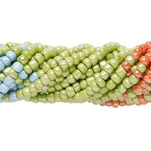Seed bead assortment, glass, pkg/(10)16inch, #6 round, opaque luster turquoise blue, light green and peach.