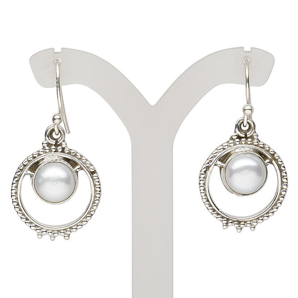 Earring, cultured freshwater pearl (bleached) and antiqued sterling silver, 34mm with beaded open round and fishhook ear wire, 21 gauge. Sold per pair. image number 0