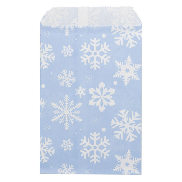 Bag, paper, white and blue, 6x4 inches with snowflake design and scalloped top edge. Sold per pkg of 100. image number 0