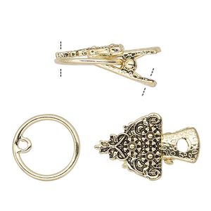 Clasp, alligator clip, antique gold-finished steel and "pewter" (zinc-based alloy), 20x20x19mm fancy triangle. Sold individually.