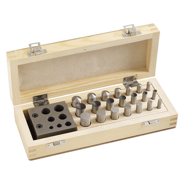 Disc cutter, steel and wood, pkg/22-piece set, 3x3x1-inch base for cutting 6-16mm round/conical/convex. image number 0