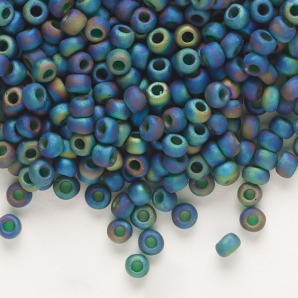 Seed bead, Dyna-Mites™, glass, transparent frosted rainbow peacock, #6 round. Sold per 40-gram pkg. image number 0