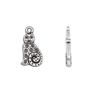 Charm, TierraCast®, antique silver-plated pewter (tin-based alloy), 16x10mm double-sided cat with swirls and dots. Sold per pkg of 2.