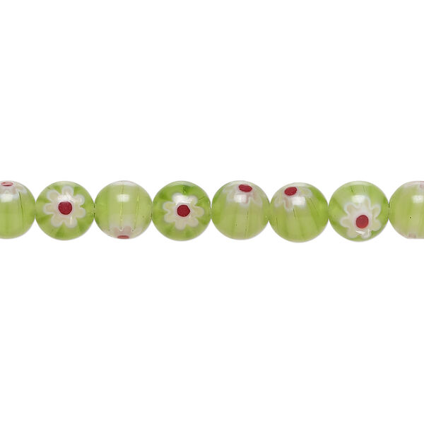 Bead, millefiori glass 1pkg1, translucent green / white / multicolored, 6mm round, 15 inches. image number 0