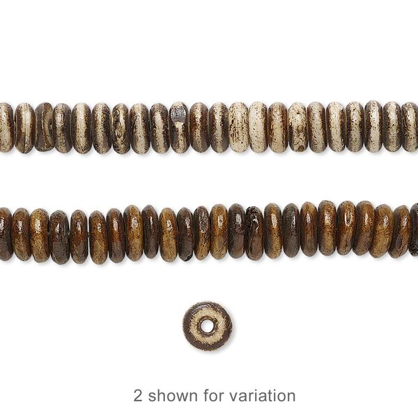 Bead, bone (dyed), antiqued brown and cream, 5x2mm rondelle, Mohs hardness 2-1/2. Sold per 15-1/2" to 16" strand. image number 0