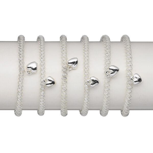 Bracelet, stretch, steel and silver-coated plastic, twisted coil with 9mm heart, 7 inches. Sold per pkg of 6. image number 0