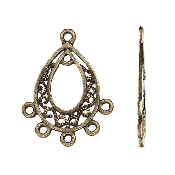Drop, antique brass-finished "pewter" (zinc-based alloy), 23x17mm single-sided open teardrop go-go with textured design and 6 closed loops. Sold per pkg of 10. image number 0
