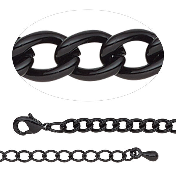 Chain, black-finished steel and brass, 3.7mm curb, 7-1/2 inches with 2-inch extender chain and lobster claw clasp. Sold individually. image number 0