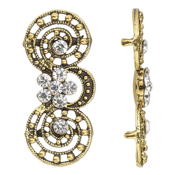 Spacer, antique gold-finished "pewter" (zinc-based alloy) and Czech glass rhinestone, clear, 39x17mm 2-strand fancy double circle. Sold per pkg of 4. image number 0