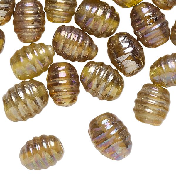 Bead, glass, translucent iridescent tan, 11x8mm-12x9mm ribbed oval. Sold per pkg, 50 beads. image number 0