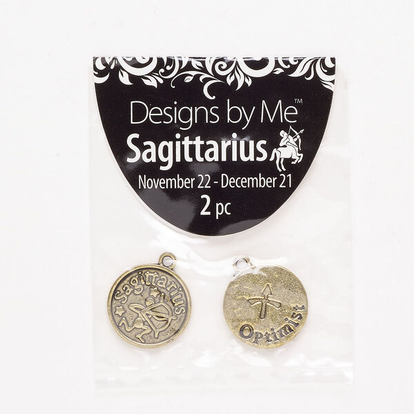"Pewter" (zinc-based alloy) / enamel 1pkg2, 2-sided round charm / Sagittarius / "Optimist" antique gold finish / black 18mm image number 0