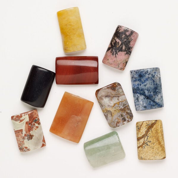 Multi-gemstone 1pkg10, half-drilled puffed / flat rectangle drop mix 24x13mm-38x24mm image number 0
