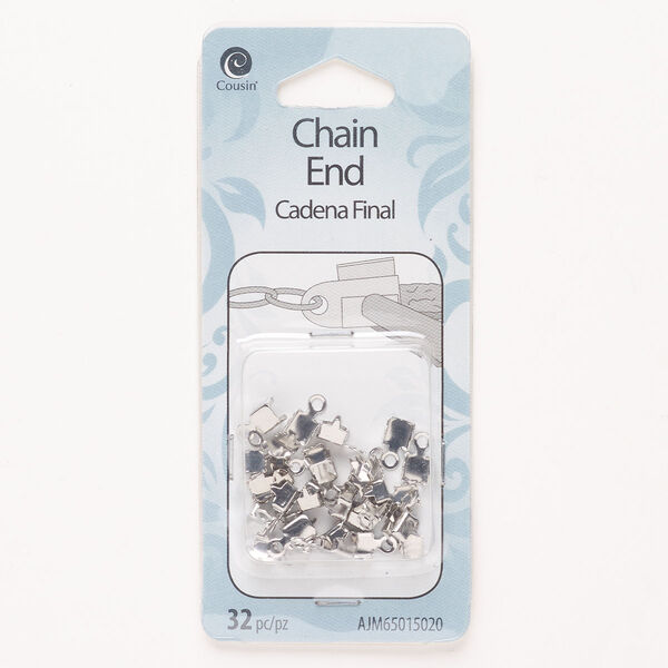 Cord/chain end, brass, pkg/32, silver finish, 7x5mm fold-over. image number 0