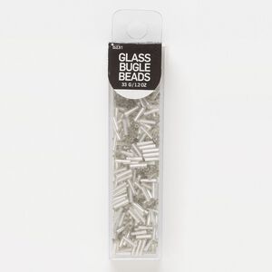 Bugle bead, glass, opaque silver-lined crystal clear, 7x2mm round tube. Sold per 33-gram pkg.
