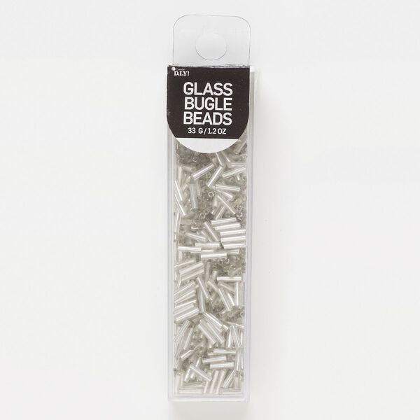Bugle bead, glass, opaque silver-lined crystal clear, 7x2mm round tube. Sold per 33-gram pkg. image number 0