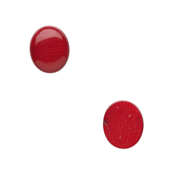 Cabochon, bamboo coral (dyed), red, 12x10mm calibrated oval, Mohs hardness 3-1/2 to 4. Sold per pkg of 2. image number 0