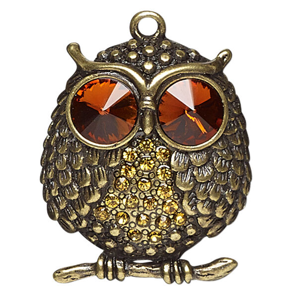 Focal, glass rhinestone and antiqued brass-finished "pewter" (zinc-based alloy), orange and golden yellow, 38x33mm owl. Sold individually. image number 0
