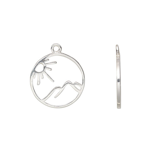 Charm Amoracast® 1pkg1 sterling silver, 14mm 2-sided open sunny mountains round image number 0