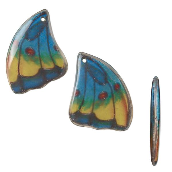 Focal, laminated wood and paper, blue / yellow / multicolored, (2) 37x25mm and (1) 55x38mm double-sided butterfly wing. Sold per 3-piece set. image number 0