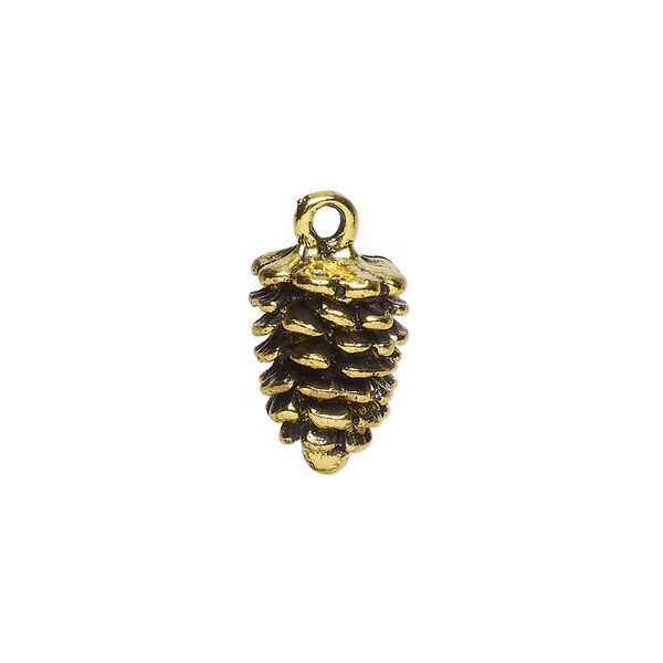 Charm, antique gold-finished "pewter" (zinc-based alloy), 16x10mm 3D pinecone. Sold per pkg of 4. image number 0