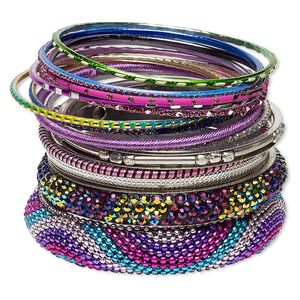 Bracelet, bangle, glass rhinestone / resin / polyester / silver-plated aluminum / brass / steel, assorted colors with glitter, 2.5-17mm wide, 8 inches. Sold per 14-piece set.