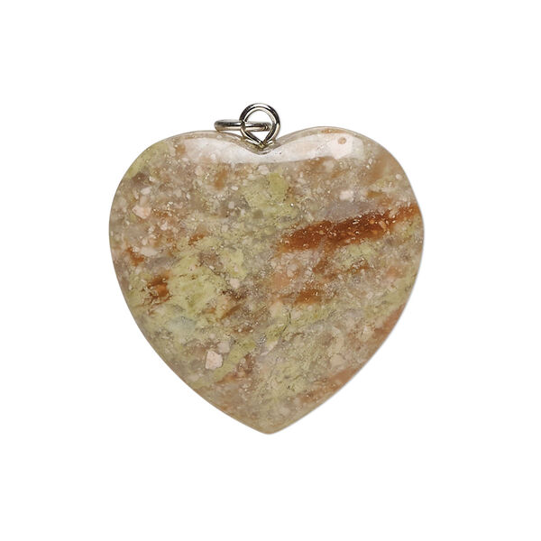 Drop, autumn jasper (natural), pkg/1, silver finish opaque, 26mm puffed heart, B Grade. image number 0