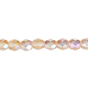 Bead, Czech fire-polished glass, translucent light rose AB, 6mm faceted round. Sold per 15-1/2" to 16" strand.