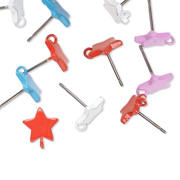 Earstud mix, enameled steel, mixed colors, 9x9mm star with closed loop. Sold per pkg of 6 pairs. image number 0