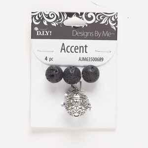 "Pewter" (zinc-based alloy) / steel / lava rock 1pkg4, silver-finished hinged round locket / cutout flower / round bead natural, 33x20mm / 14.5mm