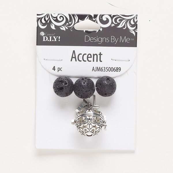 "Pewter" (zinc-based alloy) / steel / lava rock 1pkg4, silver-finished hinged round locket / cutout flower / round bead natural, 33x20mm / 14.5mm image number 0
